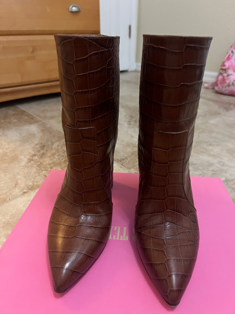 Paris Texas Brown Croc-Embossed Pointed Toe Ankle Boots - Picture 5 of 8